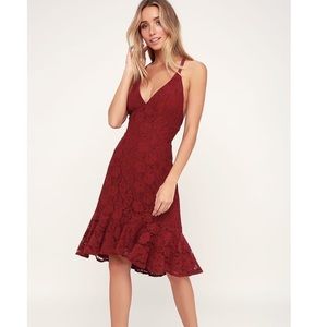 Wine Red Backless Lace Midi Dress
